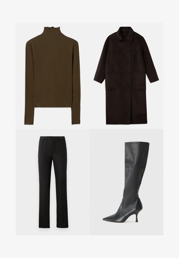 Donkerbruin, lange wollen jas met dubbelrijgsluiting, brede kraag, lange mouwen en twee grote voorzakken.; Bruine langemouwen ribgebreide top met een hoge kraag en subtiele sla-edge afwerking op de kraag, manchetten en zoom.; Zwarte op maat gemaakte broek met een rechte pijp, twee voorzakken, een knoopsluiting en plooien aan de voorkant. Glad textuur van de stof.; Kniehoge zwarte leren laarzen met een spitse neus en een slanke stilettohak. Glad textuur met een aansluitend ontwerp en stiksels aan de bovenrand.