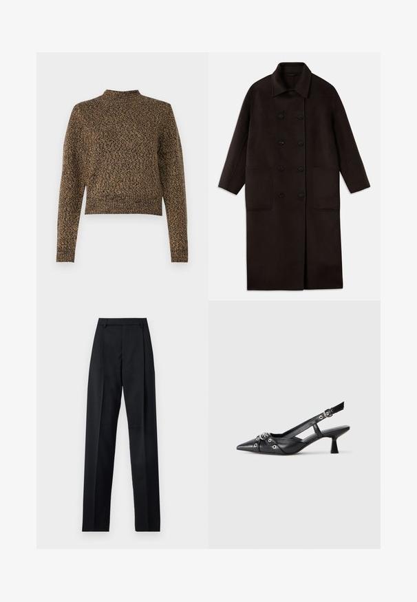 T tumedast pruunist villast pikk sulejope, millel on kahekordsed nööbid, lai krae, pikad varrukad ja kaks suurt esikot.; Kohviohutusest kudum, millel on kõrge kaelus, pikad varrukad ja lühike disain. Omab tekstuurset mustrit üle kogu pinda, mis lisab kangale sügavust.; Mustad püksid siledast kangast, millel on kõrge vöökoht, laiad jalad, esimesed kortsud ja klassikalised vööloopid. Küljepockets pole nähtavad.; Must must have must toote tõmblukuga, dekoratiivsed rihmad metallist silmadega ja madal blokk-kand. Tekstureeritud pind.