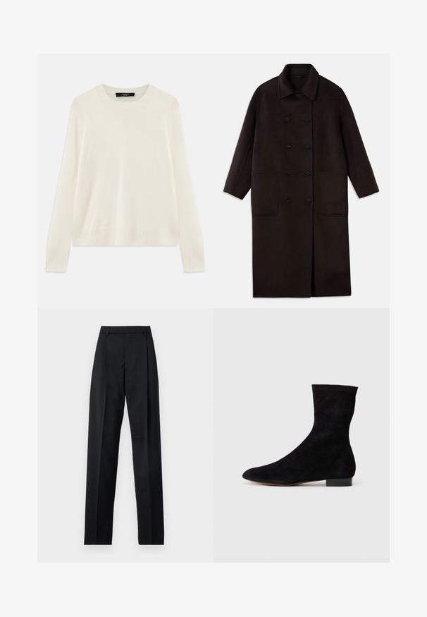 Tamsiai rudas, ilgas vilnonis paltas su dvigubais mygtukais, plačiu apykakle, ilgomis rankovėmis ir dviem didelėmis priekinėmis kišenėmis.; Grietos spalvos megztinis su apykakle, ilgomis rankovėmis ir gilesnėmis akcentais ant rankovių ir apatinės dalies. Minkšta, švelni tekstūra.; Juodos kelnės iš lygaus audinio, pasižyminčios aukštu liemeniu, plačiomis kojomis, priekinėmis klostėmis ir klasikiais diržo kilpomis. Šoninių kišenių nematyti.; Juoda zomšo kulkšnė su prigludusia ašimi, smailiu pirštu ir žemu bloku. Lygus paviršius ir minimalistiškas dizainas, tinkantis įvairiems stiliams.