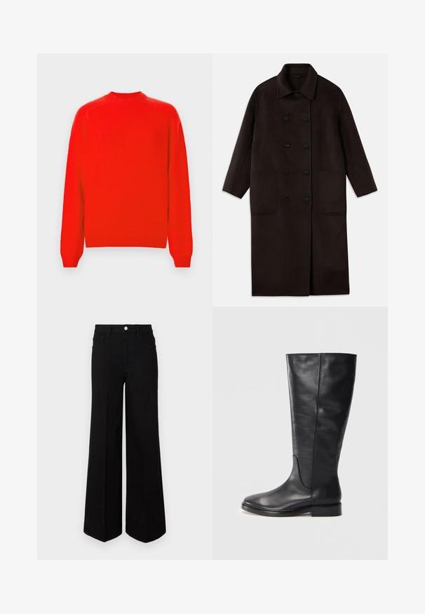 Temno rjav, dolg volnen plašč z dvojnimi gumbi, širokim ovratnikom, dolgimi rokavi in dvema velikima sprednjima žepoma.; Rdeča pletena jopica z okroglim izrezom, dolgimi rokavi in ravnim krojem. Narejena iz mehke tkanine z rebrastimi manšetami in robom.; Črne široke kavbojke iz trpežnega materiala, z visokim pasom, sprednjimi žepi in sprednjim gumbom. Raven rob na dnu.; Črne usnjene škornje do kolen z nizko peto in zaobljenim prstom, ki prikazuje šive vzdolž šahta in zgornjega dela.