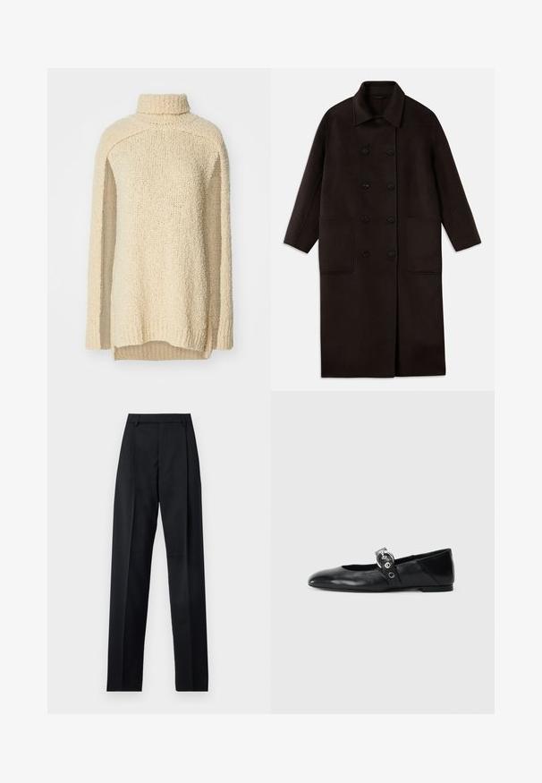Dunkelbrauner, langer Wollmantel mit doppelreihigen Knöpfen, breitem Kragen, langen Ärmeln und zwei großen vorderen Taschen.; Beiger, grob gestrickter Pullover mit hohem Kragen, langen Ärmeln und seitlichen Schlitzen. Strukturiert Oberfläche mit einem weichen, gemütlichen Aussehen.; Schwarze Hosen aus glattem Stoff mit hoher Taille, weitem Bein, vorderen Falten und klassischen Gürtelschlaufen. Keine sichtbaren Seitentaschen.; Schwarze Ballettflat mit spitzer Spitze, ausgestattet mit einem Riemen und einer runden, metallischen Schnalle sowie einer flachen Sohle.