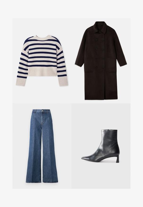 Σκούρο καφέ, μακρύ παλτό από μάλλινο ύφασμα με διπλές κουμπότρυπες, φαρδύ γιακά, μακριά μανίκια και δύο μεγάλες μπροστινές τσέπες.; Vanessa Bruno ESTHER - Πουλόβερ - ecru/marine; Πλατιά μπλε τζιν παντελόνια με ψηλή μέση, με κλασικό στιλ πέντε τσεπών και κλείσιμο με κουμπί, φτιαγμένα από υφή βαμβακερού υλικού.; Μαύρη δερμάτινη μπότες αστραγάλου με μυτερή μύτη και κομψό σχέδιο. Διαθέτει χαμηλό τακούνι και φερμουάρ στο πίσω μέρος. Λείο υφή.