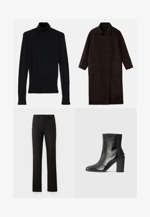 Σκούρο καφέ, μακρύ παλτό από μάλλινο ύφασμα με διπλές κουμπότρυπες, φαρδύ γιακά, μακριά μανίκια και δύο μεγάλες μπροστινές τσέπες.; AERON TENDER LONG SLEEVED - Πουλόβερ - black; Μαύρο παντελόνι ραμμένο με ίσια γραμμή, δύο μπροστινές τσέπες, κλείσιμο με κουμπί και λεπτομέρειες με πτυχώσεις στο μπροστινό μέρος. Λείο ύφασμα.; Μαύρο δερμάτινο μποτάκι έως τον αστράγαλο με απλή υφή, μυτερή μύτη και χοντρό ψηλό τακούνι. Διαθέτει πλαϊνό άνοιγμα και μινιμαλιστικό σχέδιο.