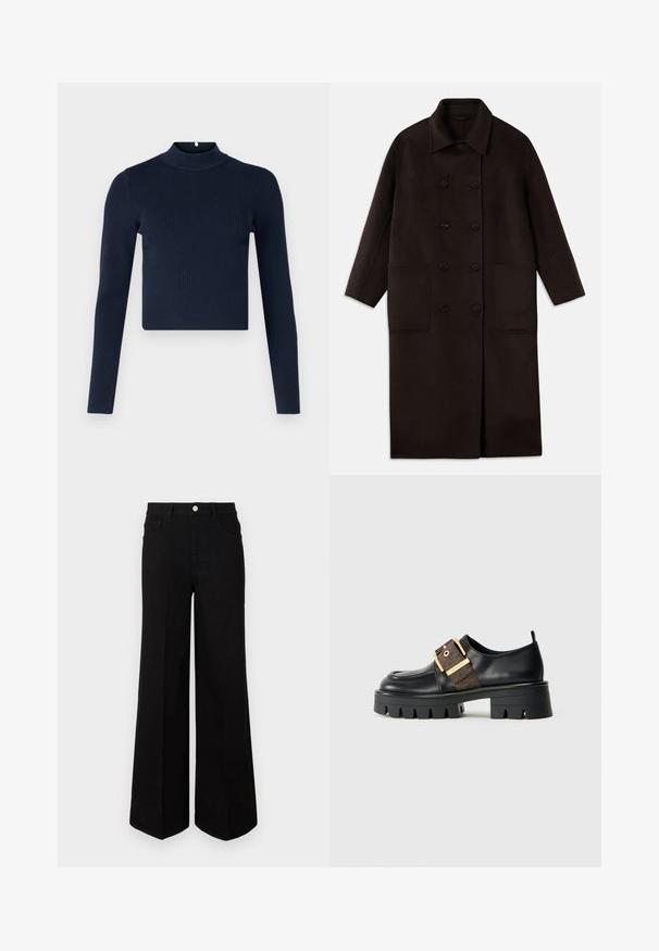 Cappotto lungo in lana marrone scuro, con bottoni doppi, ampio colletto, maniche lunghe e due grandi tasche frontali.; Top a maniche lunghe ribbed blu navy con collo alto e design cropped. Realizzato in tessuto testurizzato dallo stile minimalista.; Jeans neri a gamba larga realizzati in tessuto resistente, con vita alta, tasche frontali e chiusura con bottone anteriore. Orlo piatto sul fondo.; Scarpa in pelle nera con suola spessa, dotata di una fibbia dorata e un accento texturizzato marrone. Punta arrotondata e design minimalista.