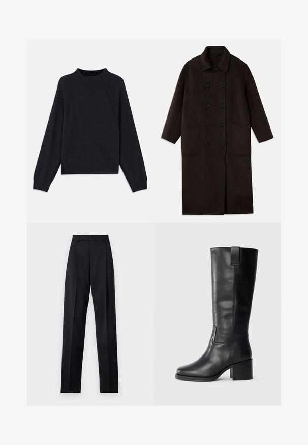 Tamsiai rudas, ilgas vilnonis paltas su dvigubais mygtukais, plačiu apykakle, ilgomis rankovėmis ir dviem didelėmis priekinėmis kišenėmis.; Tamsiai mėlynas megztukas su apvaliu iškirpimu, ilgomis raglan rankovėmis, rausvais rankogaliais ir tiesiu apatine dalimi. Pagamintas iš minkštos, tekstūruotos megztos medžiagos.; Juodos kelnės iš lygaus audinio, pasižyminčios aukštu liemeniu, plačiomis kojomis, priekinėmis klostėmis ir klasikiais diržo kilpomis. Šoninių kišenių nematyti.; Juodos odinės iki kelių siekiančios botai su lygiu paviršiumi, kvadratiniu pirštu, storu kulnu ir šoniniu kilputė, su minimaliais siuvimo akcentais.