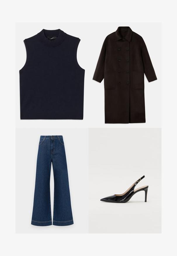 Dunkelbrauner, langer Wollmantel mit doppelreihigen Knöpfen, breitem Kragen, langen Ärmeln und zwei großen vorderen Taschen.; Marinefarbener ärmelloser Pullover mit hohem geripptem Kragen, glatter Struktur und geripptem Saum. Schlichtes, minimalistisches Design ohne Muster.; Weite blaue Jeans aus Denim mit hoher Taille, ausgestattet mit einem Knopfverschluss, Gürtelschlaufen und dezenten Stichdetails an den Taschen und Säumen.; Schwarz lackierte Slingback-Pumps mit spitzem Zehenbereich, schlankem Absatz und einem subtilen Ausschnittdesign. Verfügt über eine goldene Schnalle am Riemen.