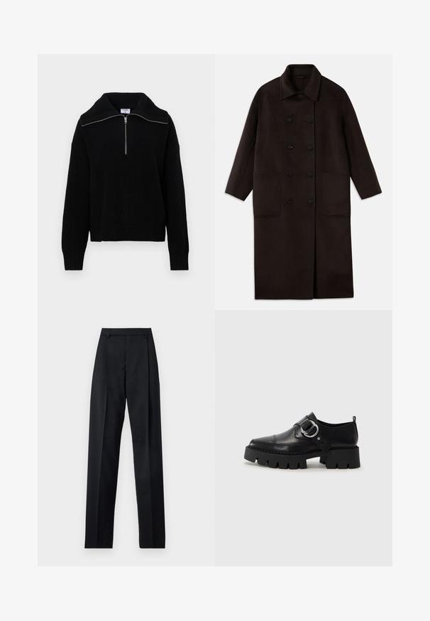 Dark brown, long wool coat with double-breasted buttons, wide collar, long sleeves, and two large front pockets.; Black knitted pullover with a high collar and half-zipper. Features ribbed texture and long sleeves, providing a loose fit.; Black trousers made from smooth fabric featuring a high waist, wide legs, front pleats, and classic belt loops. No side pockets visible.; Black leather shoes with a chunky, ribbed sole, featuring a circular silver hardware accent and minimal stitching detail.