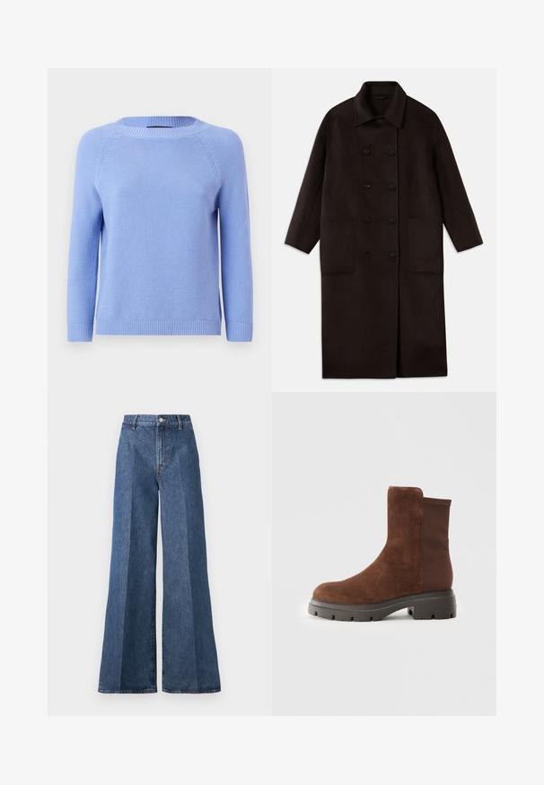 Dunkelbrauner, langer Wollmantel mit doppelreihigen Knöpfen, breitem Kragen, langen Ärmeln und zwei großen vorderen Taschen.; Hellblau gestrickter Pullover mit langen Raglanärmeln, rundem Ausschnitt und geripptem Saum. Weiche Textur mit einem einheitlichen Muster über die gesamte Fläche.; Weite blaue Jeans mit hoher Taille, im klassischen Five-Pocket-Stil und mit Knopfverschluss, aus strukturierter Baumwollstoff gefertigt.; Braune Wildleder-Ankleboots mit elastischen Seitenpaneelen, runder Zehenform und einer dicken Gummisohle mit einem strukturierten Profil.