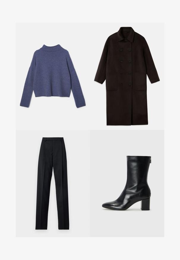 Palton lung, din lână, de culoare maro închis, cu nasturi dubli, guler larg, mâneci lungi și două buzunare mari în față.; Pulover scurt violet, fabricat dintr-un material moale, având un guler înalt și mâneci lungi, cu o potrivire lejeră și cusături minime.; Pantaloni negri dintr-un material neted, cu talie înaltă, picioare largi, pliuri frontale și loop-uri clasice pentru curea. Fără buzunare laterale vizibile.; Botină din piele neagră, cu vârf ascuțit și toc bloc de 4 cm. Design elegant, cu un fermoar lateral pentru o îmbrăcare ușoară. Textură netedă.