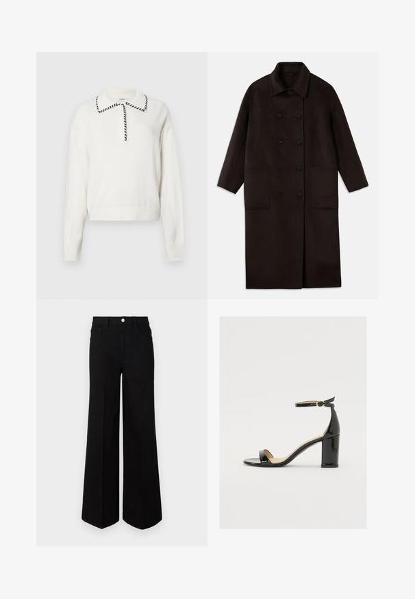Tmavohnedý, dlhý vlnený kabát s dvojradovým zapínaním, širokým golierom, dlhými rukávmi a dvoma veľkými prednými vreckami.; Biely pletený sveter s čierne lemovaným golierom, s gombíkovou légou a rebrovanými manžetami a spodným lemom pre priliehavý vzhľad.; Čierne široké džínsy vyrobené z pevnej tkaniny, s vysokým pásom, prednými vreckami a predným zapínaním na gombík. Rovný lem na spodnej strane.; Čierne lakované sandále s širokým podpätkom, otvorenou špičkou a remienkom okolo členka s zlatou sponou. Hladká textúra a elegantný dizajn.