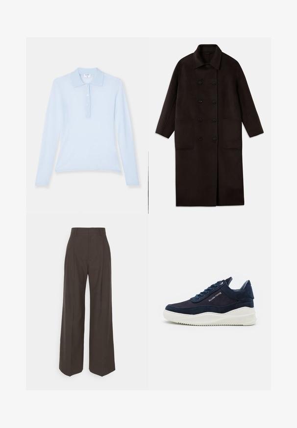 Dark brown, long wool coat with double-breasted buttons, wide collar, long sleeves, and two large front pockets.; Filippa K Jumper - ice blue; Dark brown wide-leg trousers with a high waist, featuring neatly pressed creases, smooth texture, and a tailored fit.; Dark navy suede sneakers with white rubber soles, rounded toe, and lace-up design. Features logo detail on the side and textured accents.