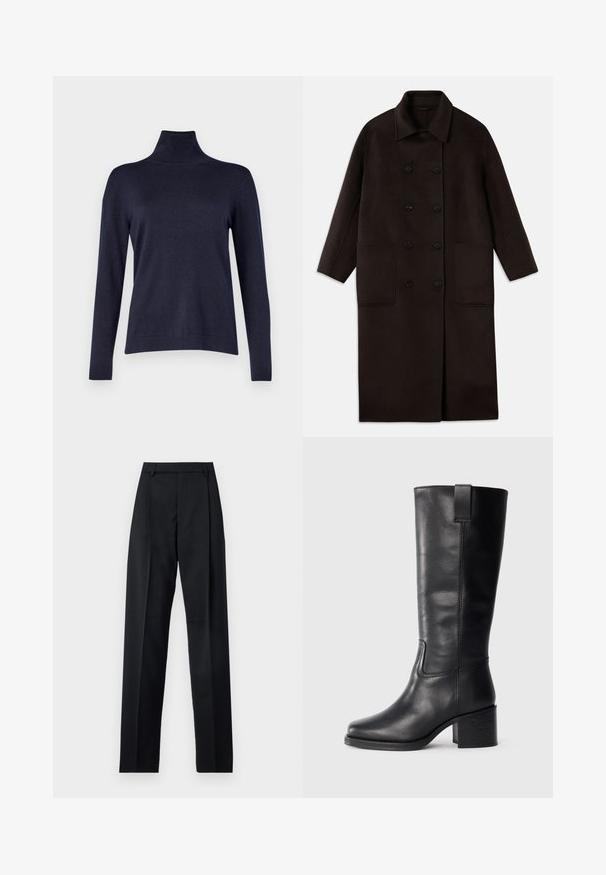 T tumedast pruunist villast pikk sulejope, millel on kahekordsed nööbid, lai krae, pikad varrukad ja kaks suurt esikot.; WEEKEND MaxMara KIKU - Džemper - blu; Mustad püksid siledast kangast, millel on kõrge vöökoht, laiad jalad, esimesed kortsud ja klassikalised vööloopid. Küljepockets pole nähtavad.; Musthave mustad nahktoodete bikiinibootid, millel on sile pind, ruudukujuline varvas, plokk-kand ja külgmine tõmbeaas, minimaalse õmblusega detailid.