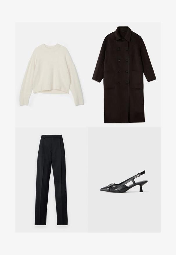 Dunkelbrauner, langer Wollmantel mit doppelreihigen Knöpfen, breitem Kragen, langen Ärmeln und zwei großen vorderen Taschen.; Wollpullover in Off-White mit rundem Halsauschnitt, überschnittenen Schultern und cropped Saum. Weicher Stoff mit lockerer Passform.; Schwarze Hosen aus glattem Stoff mit hoher Taille, weitem Bein, vorderen Falten und klassischen Gürtelschlaufen. Keine sichtbaren Seitentaschen.; Schwarzer Leder-Slingback-Schuh mit spitz zulaufender Zehenpartie, dekorativen Riemen mit METALLÖSEN und niedrigem Blockabsatz. Strukturelle Oberfläche.