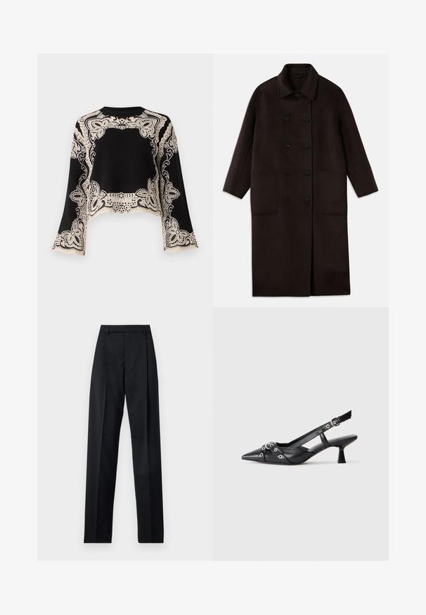 Temno rjav, dolg volnen plašč z dvojnimi gumbi, širokim ovratnikom, dolgimi rokavi in dvema velikima sprednjima žepoma.; Sea GIANNA COMBO SWEATER - Pulover - black; Črne hlače iz gladkega materiala, ki imajo visok pas, široke noge, sprednje nabore in klasične zanke za pas. Nevidni stranski žepi.; Črne usnjene sandale središnje zaponke z ostro konico, okrasnimi trakovi z kovinskimi očesi in nizko blokasto peto. Teksturirana površina.