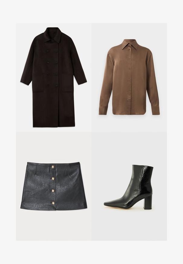 Tumši brūns, garš vilnas mētelis ar dubultām pogām, plašu apkakli, garām piedurknēm un divām lielām priekšējām kabatām.; Brūns garās piedurknes pogājamais krekls ar norādītu apkakli un aprocēm, izlikts pret vienkāršu baltu fonu.; Melnas ādas mini svārki ar elegantu dizainu, priekšējā pogu aizdare ar zelta akcentiem un teksturētu virsmu ar smalku mirdzumu.; Melna potīte, izgatavota no mirdzošas ādas, ar norādītu purngalu un masīlu kvadrāta papēdi. Iezīmes ir gluda tekstūra un minimālisma dizains.