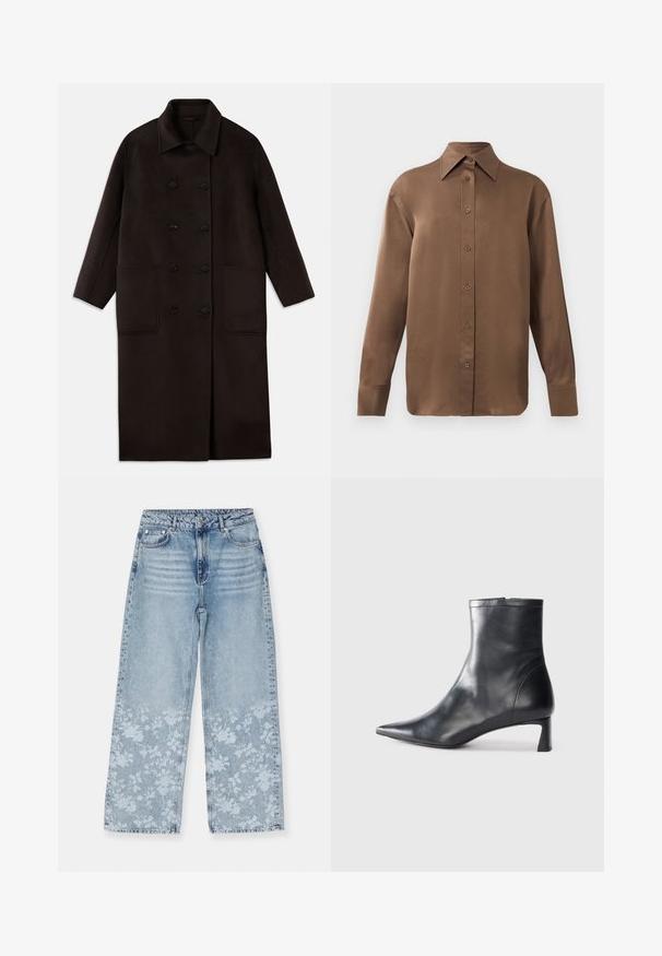 Tumma ruskea, pitkä villakangastakki, jossa on kaksiriviset napit, leveä kaulus, pitkät hihat ja kaksi suurta etutaskua.; Kahvi pitkähihainen napitettava paita, jossa on terävä kaulus ja hihansuut, esillä yksinkertaisen valkoisen taustan edessä.; Vaaleansiniset leveälahkeiset farkut, joissa on haalistunut pinta ja kukkakuosi helmaosassa. Valmistettu denimistä perinteisellä viiden taskun muotoilulla.; Musta nahkainen nilkkabotti, jossa on teräväkärkinen muotoilu ja tyylikäs design. Varusteena matala korko ja takana vetoketjukiinnitys. Sileä pinta.