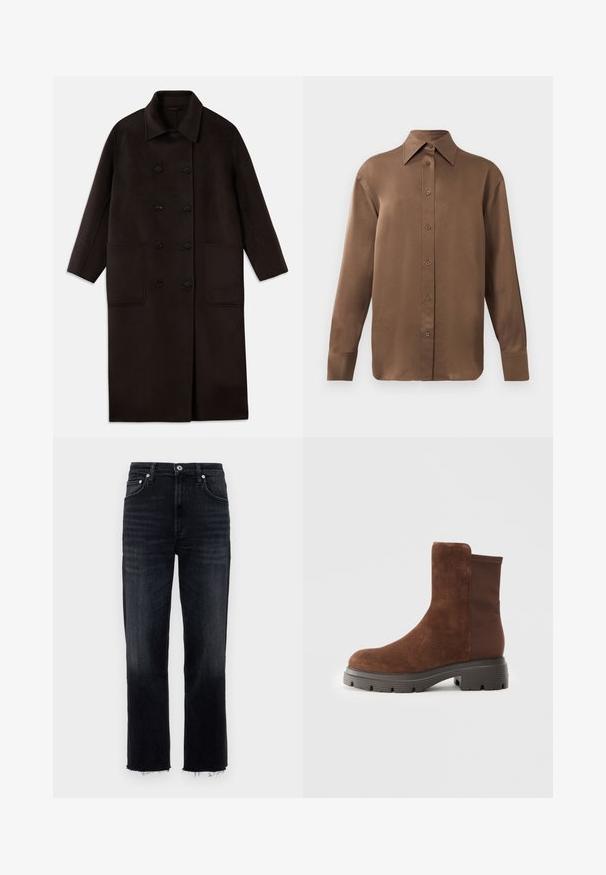 Casaco de lã longo, castanho escuro, com botões duplos, colarinho largo, mangas longas e dois grandes bolsos frontais.; Camisa branca de mangas longas com botões e colarinho pontudo, exibida contra um fundo branco liso.; Jeans de cintura alta, de perna reta, em denim de lavagem escura, com bainha desfiada e design clássico de cinco bolsos com detalhes em prata.; Bota ankle em camurça castanha com painéis laterais elásticos, bico arredondado e sola em borracha espessa com um padrão de ranhura texturizado.