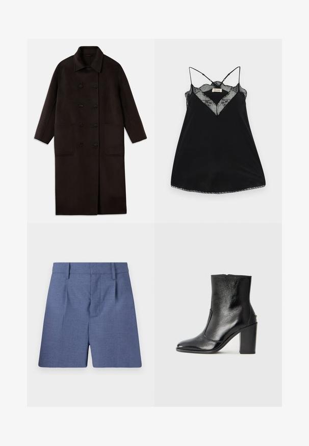 Tamsiai rudas, ilgas vilnonis paltas su dvigubais mygtukais, plačiu apykakle, ilgomis rankovėmis ir dviem didelėmis priekinėmis kišenėmis.; Juodas camisole'as su reguliuojamomis petnešėlėmis, pasižymintis nėriniuota iškirpte ir bangos formos kraštais. Lygus audinys su šiek tiek blizgesio.; Mėlyni pritaikyti šortai su diržo kilpos, priekine klostėmis bei slepiamu priekinio uždarymo sprendimu, rodoma ant balto fono.; Juodas odinis kulkšninis batas su lygiu paviršiumi, smailiu pirštu ir masyviu aukštu kulnu. Savybė - šoninis atidarymas ir minimalistiškas dizainas.