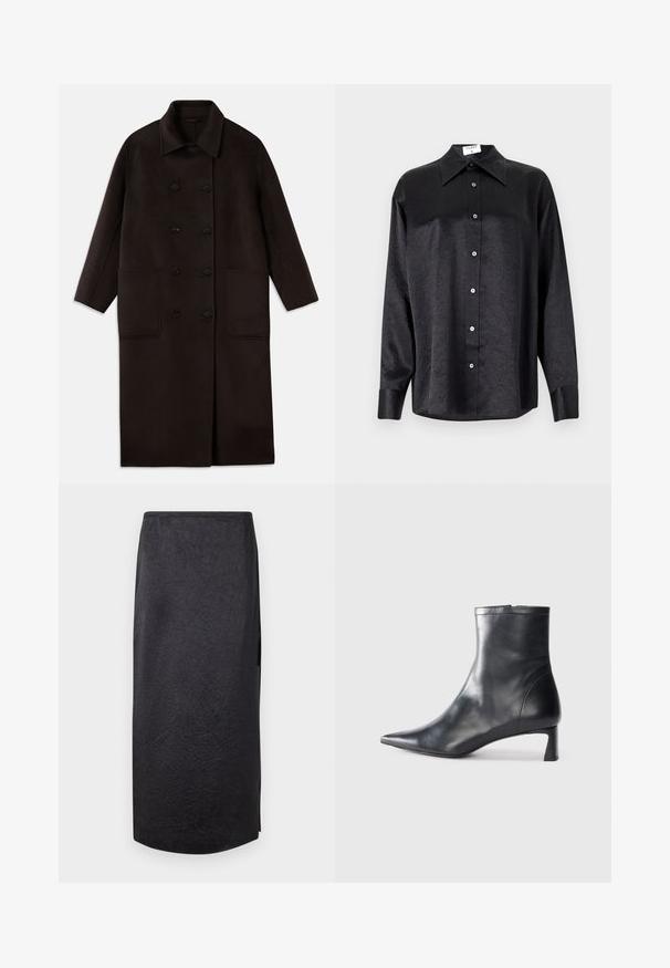Sötétbarna, hosszú gyapjúszövet kabát dupla gombos záródással, széles gallérral, hosszú ujjaival és két nagy elülső zsebbel.; Fekete, hosszú ujjú ing, galléros nyakkal, gyűrött textúrával, teljes gombos elejével és mandzsettákkal. Simaságú anyagból készült.; Fekete midi szoknya gyűrött textúrával, egyenes szabással és oldalsó hasítékkal. Az anyag könnyűnek tűnik. A szoknya alja kissé kerekített.; Fekete bőr bokacsizma hegyes orral és letisztult dizájnnal. Alacsony sarka és hátsó cipzáras záródása van. Simának tűnő textúra.