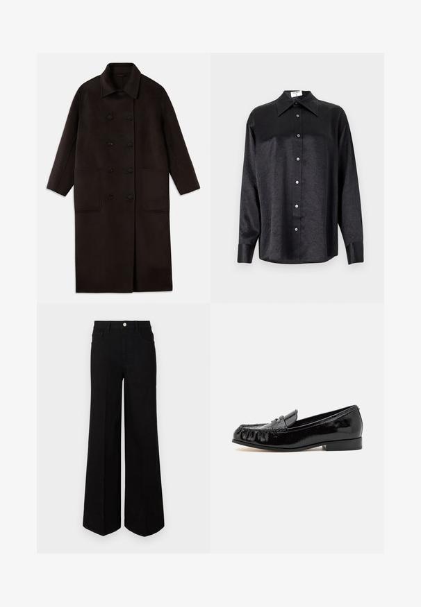 Dunkelbrauner, langer Wollmantel mit doppelreihigen Knöpfen, breitem Kragen, langen Ärmeln und zwei großen vorderen Taschen.; Schwarzes Langarmhemd mit kragenförmigem Halsausschnitt, mit einem zerknitterten Textur, voller Knopfleiste und Manschetten. Hergestellt aus einem glatten Stoff.; Schwarze weit geschnittene Jeans aus strapazierfähigem Material, mit hoher Taille, Fronttaschen und einem Knopfverschluss vorne. Flacher Saum am Boden.; Schwarze Lacklederslipper mit runder Schuhspitze, Fransen-Details und einem niedrigen Blockabsatz. Die Oberfläche hat ein glänzendes Finish.
