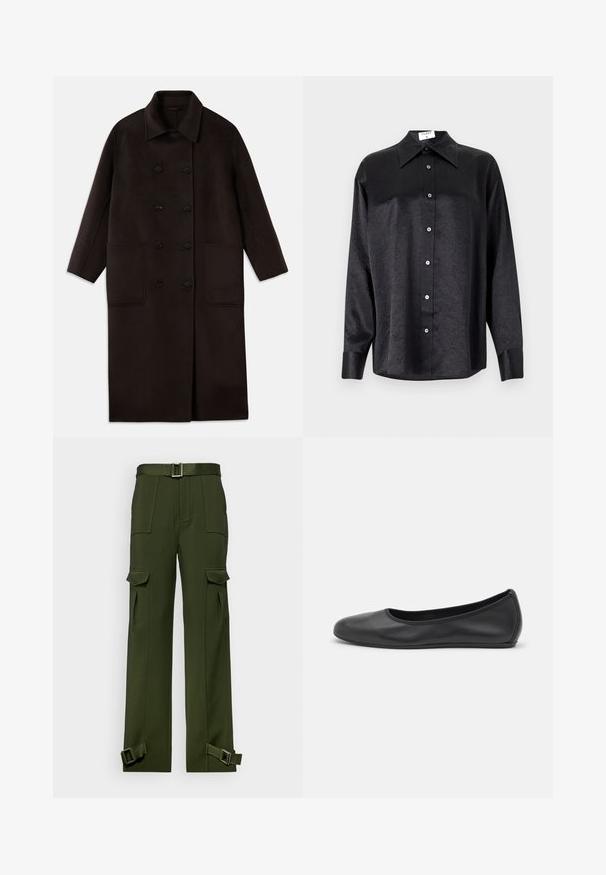 Tmavě hnědý dlouhý vlněný kabát s dvojitým zapínáním na knoflíky, širokým límcem, dlouhými rukávy a dvěma velkými předními kapsami.; Černá košile s dlouhým rukávem a límečkem, s jakostní texturou, plně zapínací, s manžetami. Vyrobena z hladkého materiálu.; Zelené cargo kalhoty vyrobené z odolné tkaniny. Vlastnosti zahrnují pás s opaskem, několik velkých kapes a přezková pásky na kotník.; Černé kožené baletní byty s kulatou špičkou, hladkou texturou, minimálními švy a flexibilním designem podrážky.