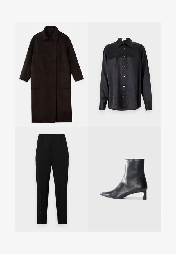 Ciemnobrązowy, długi wełniany płaszcz z podwójnymi guzikami, szerokim kołnierzem, długimi rękawami i dwiema dużymi kieszeniami z przodu.; Czarna koszula z długim rękawem i kołnierzykiem, o pogniecionej teksturze, z pełnym zapięciem na guziki z przodu oraz mankietami. Wykonana z gładkiego materiału.; Czarne spodnie o dopasowanym kroju, z bocznymi kieszeniami, gładką fakturą i eleganckim designem zwężającym się ku kostce.; Czarne skórzane botki sięgające kostki z ostrym noskiem i eleganckim designem. Posiadają niski obcas oraz zamek błyskawiczny z tyłu. Gładka faktura.