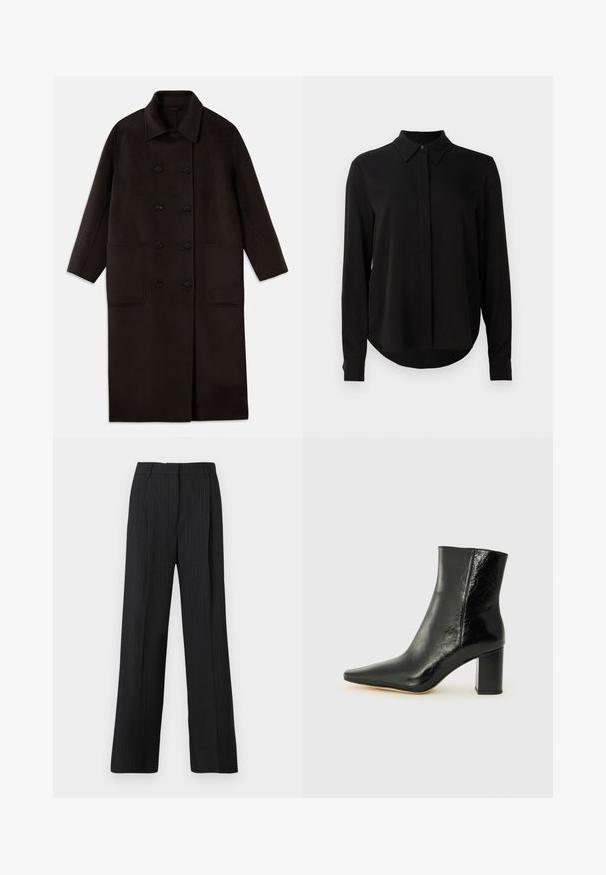 Tamsiai rudas, ilgas vilnonis paltas su dvigubais mygtukais, plačiu apykakle, ilgomis rankovėmis ir dviem didelėmis priekinėmis kišenėmis.; Juoda ilgomis rankovėmis blusa su smailiu apykakle, paslėptu mygtukų užsegimu ir kreivu hemu ant vientiso balto fono.; Juodos juostelės kelnės su laisvu kirpimu, su lygia priekiu, dviem šoninėm kišenėm ir lygiu audinio tekstūru.; Juodos kulkšninių botai, pagaminti iš blizgaus odos, su smailiu nosiu ir storo kvadratinio kulno. Išsiskiria lygiu paviršiumi ir minimalizmo stiliumi.