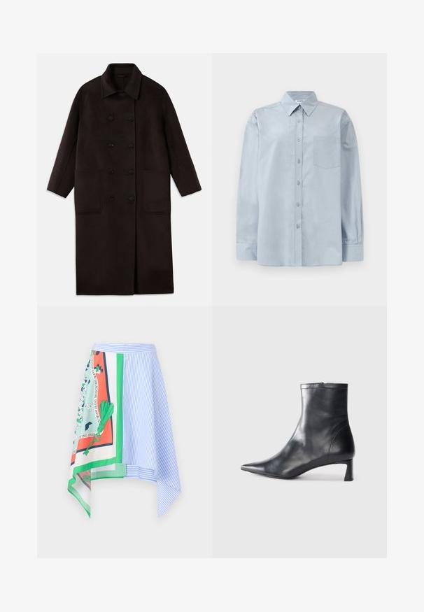 Casaco de lã longo, castanho escuro, com botões duplos, colarinho largo, mangas longas e dois grandes bolsos frontais.; Camisa azul claro de manga longa, com colarinho pontudo e bolso no peito, disposta em cima de um fundo branco.; Saia assimétrica com riscas verticais azuis, um painel padrão com designs florais e cores vibrantes como verde e laranja.; Bota de tornozelo em pele preta com biqueira apontada e um design elegante. Apresenta um salto baixo e um fecho com zipper na parte de trás. Textura suave.