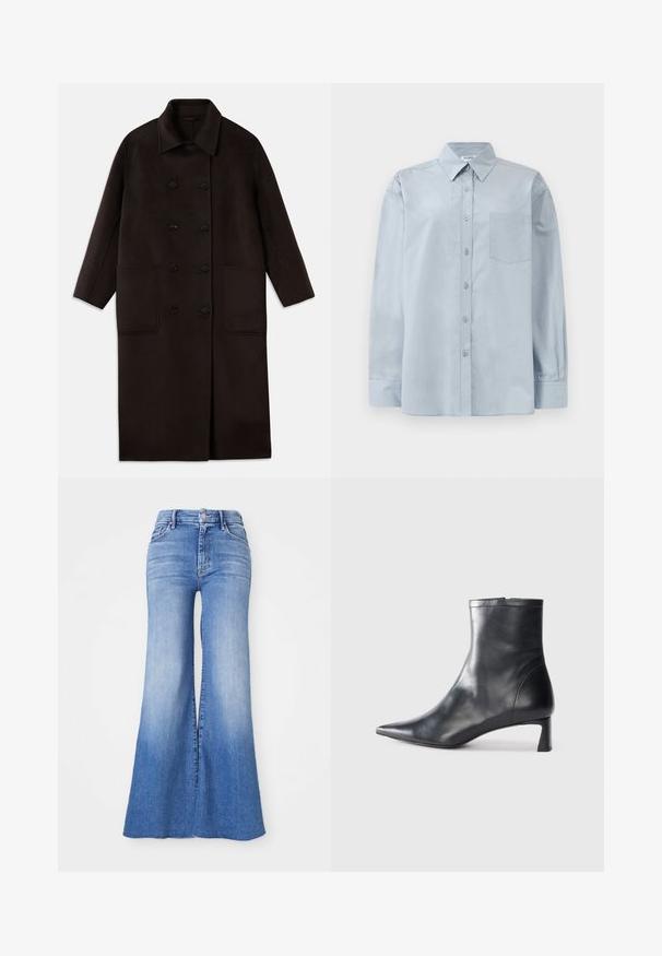 Casaco de lã longo, castanho escuro, com botões duplos, colarinho largo, mangas longas e dois grandes bolsos frontais.; Camisa azul claro de manga longa, com colarinho pontudo e bolso no peito, disposta em cima de um fundo branco.; Jeans de ganga flare em lavagem azul clara, com cintura alta, pernas largas e um leve desgaste até a bainha. Fecho com botão e zíper.; Bota de tornozelo em pele preta com biqueira apontada e um design elegante. Apresenta um salto baixo e um fecho com zipper na parte de trás. Textura suave.