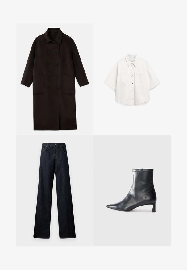 Donkerbruin, lange wollen jas met dubbelrijgsluiting, brede kraag, lange mouwen en twee grote voorzakken.; Witte kortebloes met korte mouwen, gemaakt van katoen, heeft een knoopsluiting aan de voorkant, twee borstzakken en een gestructureerde kraag.; Wijdvallende donkere denim jeans met een knoopsluiting, voorzakken, contrasterende stiksels en een schone, mooie textuur.; Zwarte leren enkellaars met een spitse neus en een slank ontwerp. Heeft een lage hak en een ritssluiting aan de achterkant. Gladde textuur.