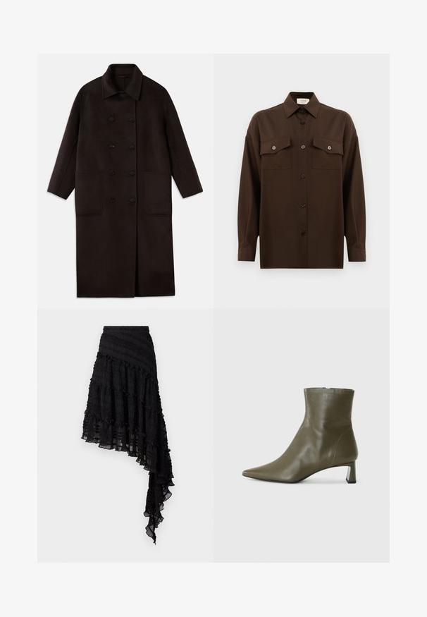 Temno rjav, dolg volnen plašč z dvojnimi gumbi, širokim ovratnikom, dolgimi rokavi in dvema velikima sprednjima žepoma.; Temno rjav srajca z dolgimi rokavi na gumbe, z dvema žepoma na prsih in klasičnim ovratnikom, prikazana na enotni beli podlagi.; Črna asimetrična krila z teksturiranimi naborki, plastmi volanov in smock pasom. Lahka tkanina s prosojno zaključkom.; Olivno-zelena usnjena gležnjarja z vložnim nosom in 4 cm blok peto; gladka tekstura in minimalističen dizajn z zadrgo.