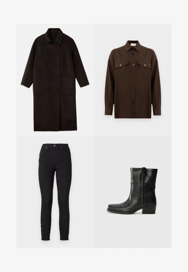 Casaco de lã longo, castanho escuro, com botões duplos, colarinho largo, mangas longas e dois grandes bolsos frontais.; Camisa de botões de manga longa castanho-escuro, com dois bolsos de aba no peito e um colarinho clássico, apresentada contra um fundo branco liso.; Jeans skinnys negros feitos de denim com uma cintura alta, apresentando bolsos frontais, fecho com botão e um detalhe de costura discreto nas costuras.; Bota de tornozelo em couro preto com bico arredondado, salto bloco, fecho lateral e detalhes em costura na parte frontal. Textura suave, design clássico.