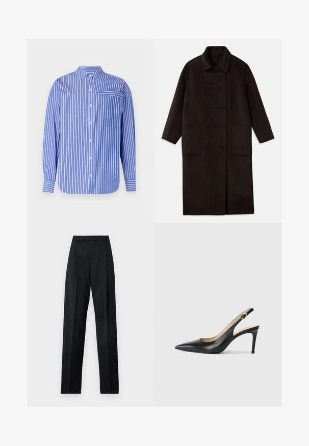 T tumedast pruunist villast pikk sulejope, millel on kahekordsed nööbid, lai krae, pikad varrukad ja kaks suurt esikot.; Sinine ja valge triibuline nööpidega särk, millel on krae, pikad varrukad, esi-tasku ning veidi ümar hem. Valmistatud pehmest kangast.; Mustad püksid siledast kangast, millel on kõrge vöökoht, laiad jalad, esimesed kortsud ja klassikalised vööloopid. Küljepockets pole nähtavad.; Mustad nahast seljataga kõrged kontsad, kellel on terav varvas, reguleeritav rihm ja sujuva viimistlusega stiilne stiletto konts.