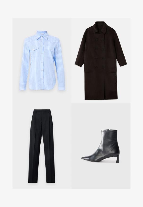 Tmavě hnědý dlouhý vlněný kabát s dvojitým zapínáním na knoflíky, širokým límcem, dlouhými rukávy a dvěma velkými předními kapsami.; Světle modrá pruhovaná košile na knoflíky s dlouhými rukávy, dvěma náprsními kapsami a knoflíky ve stříbrném tónu. Tkanina se jeví jako hladká a lehká.; Černé kalhoty vyrobené z hladké tkaniny, vybavené vysokým pasem, širokými nohavicemi, předními záhyby a klasickými poutky na opasek. Nejsou viditelné boční kapsy.; Černé kožené kotníkové boty s špičatou špičkou a elegantním designem. Mají nízký podpatek a zipové zapínání na zadní straně. Hladká textura.