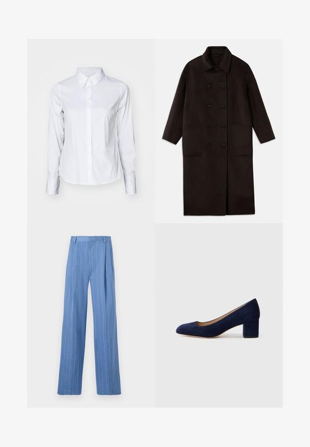 Mørkebrun, lang uldfrakke med dobbeltknapper, bred krave, lange ærmer og to store frontlommer.; Hvid langærmet skjorte med knaplukning lavet af glat stof, med spidse kraver, buet bund og standardmanchetter med knaplukninger.; Lysblå bukser med brede ben og lodrette hvide striber. Fremstillet af glat materiale, med en frontplissé og et rent design af taljebåndet.; Marinblå ruskinds pumps med spids tå og en mellemstor blokhæl. Glat tekstur med en subtil glans og et lille udskæringer foran.