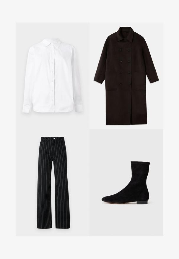 Tamsiai rudas, ilgas vilnonis paltas su dvigubais mygtukais, plačiu apykakle, ilgomis rankovėmis ir dviem didelėmis priekinėmis kišenėmis.; Balta ilgomis rankovėmis mygtukinė marškiniai, pagaminti iš medvilnės, su smailiu apykaklės dizainu ir tiesiu siluetu, pasižymintys sklandžiu paviršiumi.; Juodos plačios kelnės su vertikaliomis mėlynomis juostelėmis, su klasikiniu penkių kišenių dizainu ir priekiniais mygtukais.; Juoda zomšo kulkšnė su prigludusia ašimi, smailiu pirštu ir žemu bloku. Lygus paviršius ir minimalistiškas dizainas, tinkantis įvairiems stiliams.
