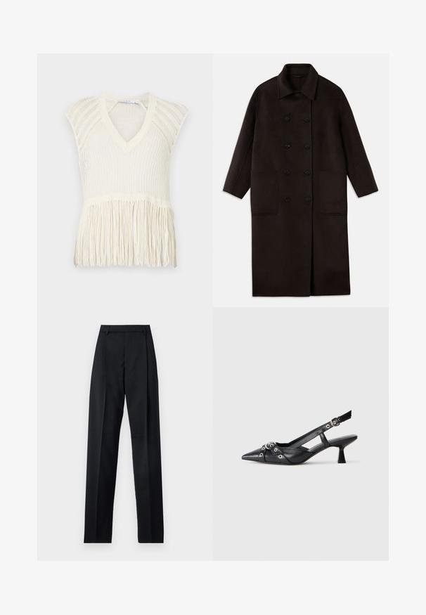Donkerbruin, lange wollen jas met dubbelrijgsluiting, brede kraag, lange mouwen en twee grote voorzakken.; Gehaakte crèmekleurige tanktop met V-hals, korte mouwen en franjes aan de zoom. Heeft een gestructureerd weefpatroon over het hele oppervlak.; Zwarte broek gemaakt van gladde stof met een hoge taille, wijde benen, voorplooien en klassieke ceintuurlussen. Geen zijzakken zichtbaar.; Zwarte leren slingback schoen met een puntige neus, decoratieve banden met metalen oogjes en een lage blokhak. Textuur oppervlak.