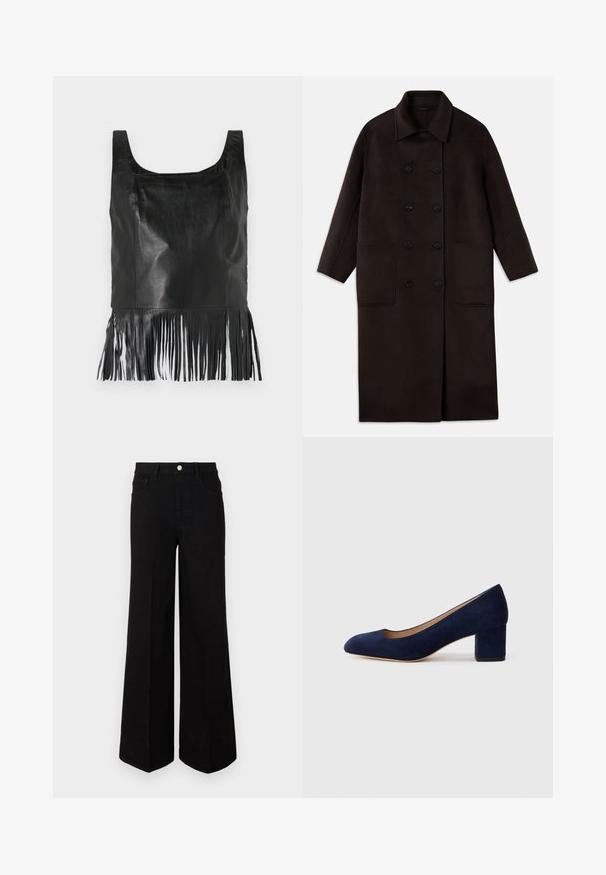 Dunkelbrauner, langer Wollmantel mit doppelreihigen Knöpfen, breitem Kragen, langen Ärmeln und zwei großen vorderen Taschen.; Schwarzes, ärmelloses Oberteil aus Leder mit quadratischem Ausschnitt, das lange Fransen am Saum und eine glatte Textur aufweist.; Schwarze weit geschnittene Jeans aus strapazierfähigem Material, mit hoher Taille, Fronttaschen und einem Knopfverschluss vorne. Flacher Saum am Boden.; Marineblaue Wildleder-Pumps mit spitzem Zehenbereich und einem mittelhohen Blockabsatz. Glatte Textur mit einem subtilen Glanz und einem kleinen Ausschnitt an der Vorderseite.