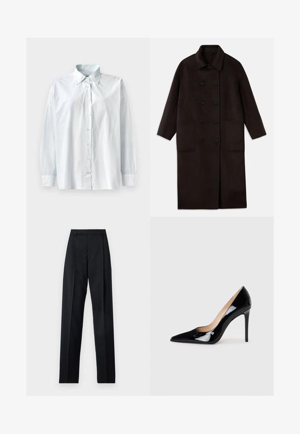 Tumši brūns, garš vilnas mētelis ar dubultām pogām, plašu apkakli, garām piedurknēm un divām lielām priekšējām kabatām.; Gai zils pogu krekls ar klasisku apkakli, garām piedurknēm un brīvu piegriezumu. Izgatavots no gludas auduma ar nedaudz spīdumu.; Melnas bikses, izgatavotas no gludas auduma, ar augstu vidukli, platiem bikšu galdniekiem, priekšējiem krokām un klasiskām jostu cilpām. Sānu kabatas nav redzamas.; Melnā lakota ādas augstpapēžu kurpe ar norādītas formas purngalu un elegantu siluetu. Iespēj gludu, spīguļojošu apdari un šauru stiletto papēdi.