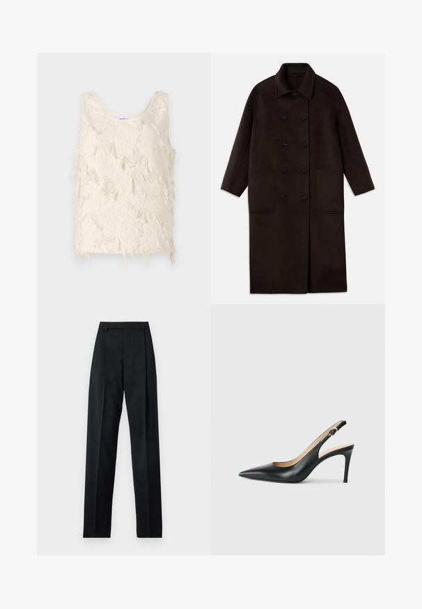 Tamno smeđi, dugi kaput od vune s dvostrukim dugmadi, širokim ovratnikom, dugim rukavima i dva velika prednja džepa.; Kremasta bezrukavna bluza s teksturiranim, resastim uzorkom i glatkim rubovima. Etiketa na izrezu čita "Marella."; Crne hlače od glatkog materijala s visokim strukom, širokim nogavicama, prednjim pregibima i klasičnim petljama za remen. Nema vidljivih bočnih džepova.; Crne kožne slingback visoke potpetice s šiljastim nosom, podesivim trakama i elegantnim stiletto potpeticama, s glatkom završnom obradom.