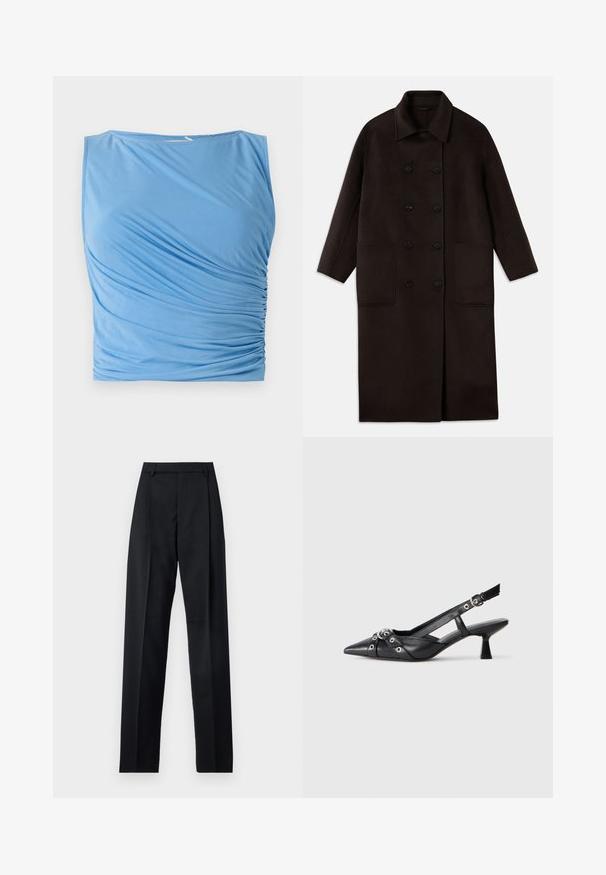 Cappotto lungo in lana marrone scuro, con bottoni doppi, ampio colletto, maniche lunghe e due grandi tasche frontali.; Top senza maniche blu realizzato in tessuto morbido, con arricciature drappeggiate su un lato, scollatura rotonda e texture liscia.; Pantaloni neri realizzati in tessuto morbido, caratterizzati da vita alta, gambe larghe, pince frontali e classiche passanti per cintura. Non ci sono tasche laterali visibili.; Scarpa slingback nera in pelle con punta affusolata, cinturini decorativi con occhielli metallici e tacco basso a blocco. Superficie testurizzata.