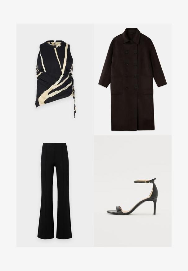 Cappotto lungo in lana marrone scuro, con bottoni doppi, ampio colletto, maniche lunghe e due grandi tasche frontali.; Top senza maniche nero con strisce diagonali crema. Presenta arricciature laterali e un collo alto. Tessuto leggero con una superficie liscia.; Pantaloni neri a zampa d'elefante con vita alta, realizzati in tessuto elastico. Presentano dettagli di cucitura verticale nella parte anteriore e una texture liscia.; Sandal in pelle nera con tacco alto e cinturino alla caviglia. Caratteristiche: texture liscia, punta aperta e tacco sottile. Dettaglio con fibbia tono oro.