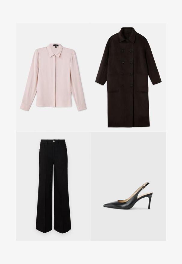Donkerbruin, lange wollen jas met dubbelrijgsluiting, brede kraag, lange mouwen en twee grote voorzakken.; Lichtroze blouse met lange mouwen, kraag, knoopsluiting aan de voorkant en een zachte textuur. Kenmerken zijn subtiele plooien en manchet mouwen.; Zwarte wijde jeans gemaakt van stevig materiaal, met een hoge taille, voorzakken en een knopen sluiting aan de voorkant. Rechte zoom aan de onderkant.; Zwarte leren slingback-hakken met een spitse neus, verstelbare band en een elegante stiletto-hak, met een gladde afwerking.
