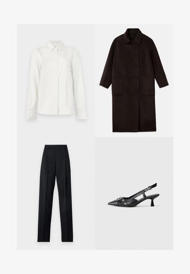 Sötétbarna, hosszú gyapjúszövet kabát dupla gombos záródással, széles gallérral, hosszú ujjaival és két nagy elülső zsebbel.; Fehér gombos ing, függőleges világosszürke és kék csíkokkal, hosszú ujjú, klasszikus gallérral és egyenes szabással az alján.; Fekete nadrág sima anyagból, magas derékkal, széles lábakkal, elülső redőkkel és klasszikus övhurkokkal. Oldalzsebek nem láthatók.; Fekete bőr slingback cipő hegyes orral, dekoratív pántokkal, fém szemekkel és alacsony blokk sarkú. Texturált felület.