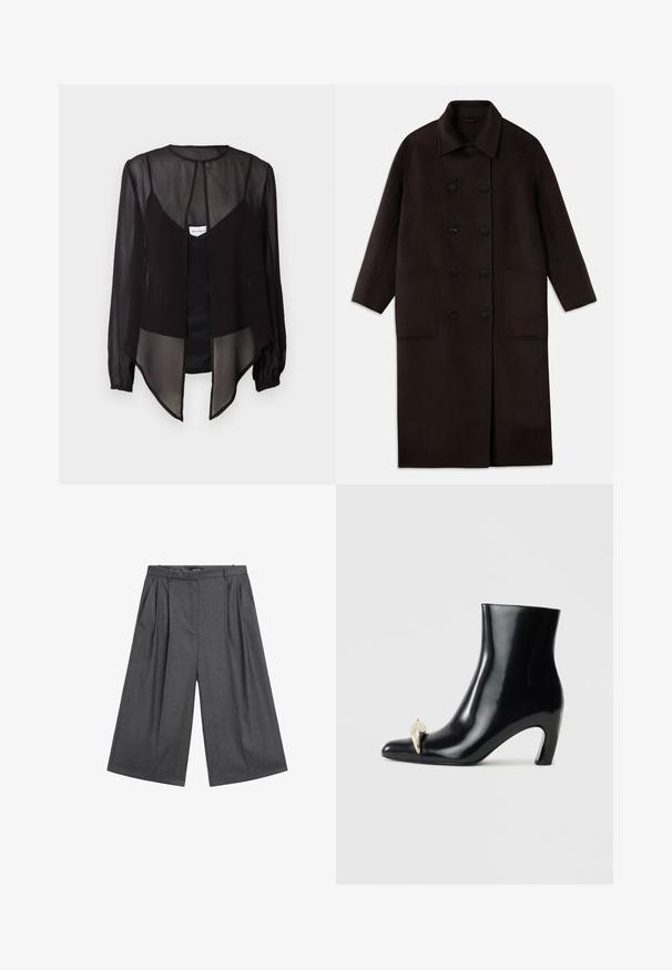 Dunkelbrauner, langer Wollmantel mit doppelreihigen Knöpfen, breitem Kragen, langen Ärmeln und zwei großen vorderen Taschen.; Schwarze transparente Bluse mit langen Ärmeln, hohem Hals und asymmetrischem Saum. Verfügt über eine Knopfleiste vorne und geschichtete Designelemente.; Graue, weit geschnittene Hose aus strukturierter Stoffqualität mit Falten vorne, hoher Taille und Seitentaschen. Flacher Bund ohne sichtbaren Verschluss.; Schwarzer Knöchelschuh aus glänzendem Leder, mit einer spitzen Zehenform und einem dekorativen gold- und silberfarbenen Akzent an der Vorderseite. Blockabsatz-Design.