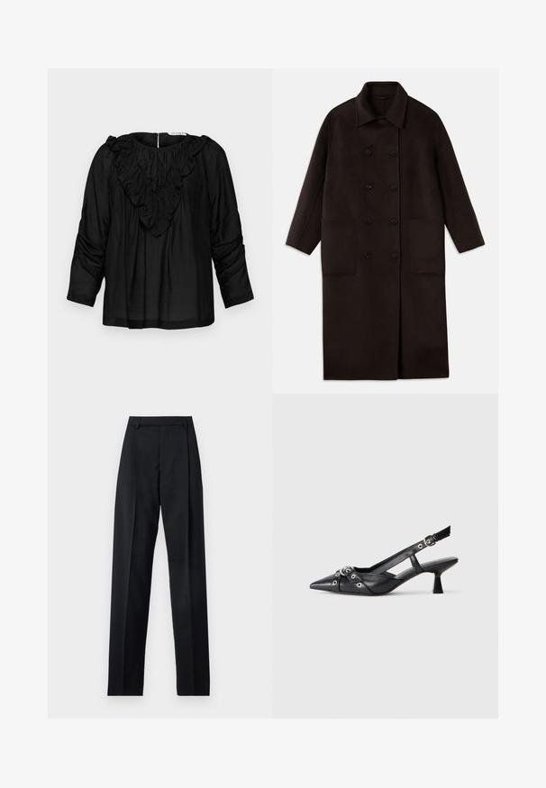 Tmavohnedý, dlhý vlnený kabát s dvojradovým zapínaním, širokým golierom, dlhými rukávmi a dvoma veľkými prednými vreckami.; Čierna blúzka s volánovým výstrihom do V, trojštvrťové rukávy a zhromaždené detaily na pleciach, vyrobená z hladkej, ľahkej tkaniny.; Čierne nohavice vyrobené z hladkej látky s vysokým pásom, širokými nohavicami, prednými záhybmi a klasickými pútkami na opasok. Žiadne bočné vrecká nie sú viditeľné.; Čierne kožené slingback topánky s špicatou špičkou, ozdobnými popruhmi s kovovými očkami a nízkym blokovým podpätkom. Textúrovaný povrch.