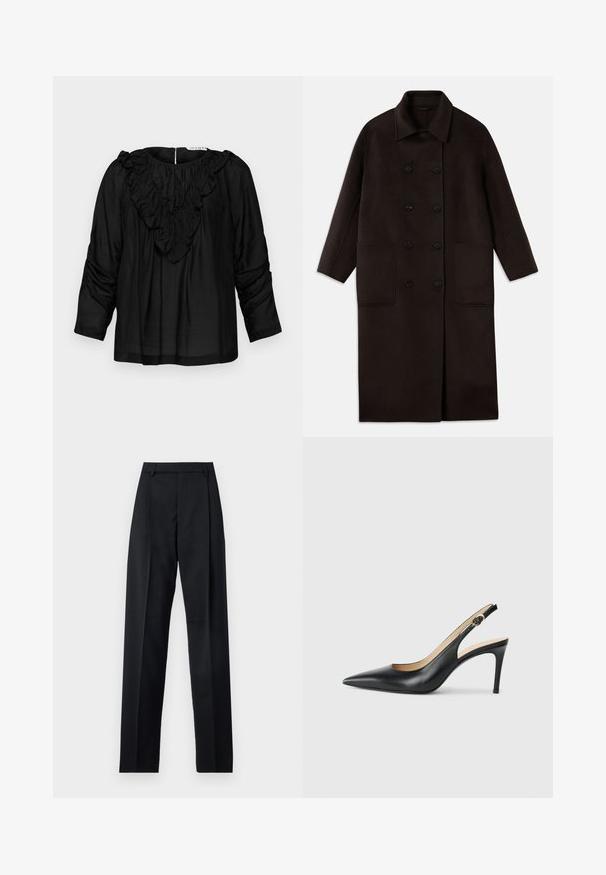 Tmavě hnědý dlouhý vlněný kabát s dvojitým zapínáním na knoflíky, širokým límcem, dlouhými rukávy a dvěma velkými předními kapsami.; Černá blůza s volánovým výstřihem do V, tříčtvrtečními rukávy a nařasenými detaily na ramenou, vyrobená z hladkého, lehkého materiálu.; Černé kalhoty vyrobené z hladké tkaniny, vybavené vysokým pasem, širokými nohavicemi, předními záhyby a klasickými poutky na opasek. Nejsou viditelné boční kapsy.; Černé kožené lodičky na podpatku s špičatou špičkou, nastavitelným páskem a elegantním jehlovým podpatkem, vyznačující se hladkým povrchem.