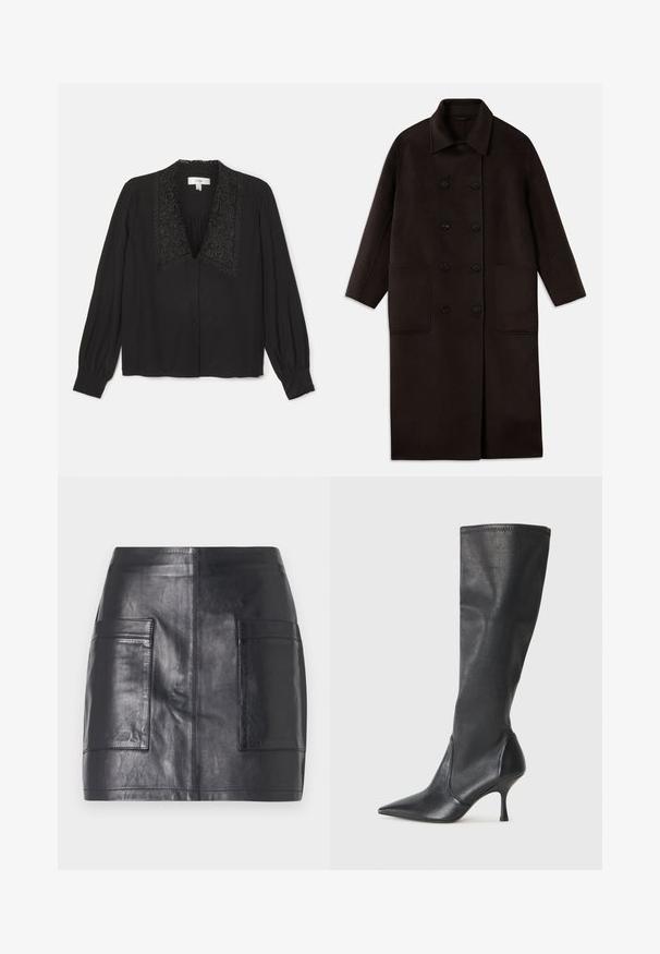Dunkelbrauner, langer Wollmantel mit doppelreihigen Knöpfen, breitem Kragen, langen Ärmeln und zwei großen vorderen Taschen.; Schwarze Bluse mit langen Ärmeln, ausgestattet mit einem dekorativen bestickten Kragen, Knopfverschluss und gerafftem Detail an der Brust. Glatte Textur.; Schwarzer Leder-Minirock mit zwei seitlichen Taschen, glatter Textur, tailliertem Schnitt und klaren Linien ohne zusätzliche Verzierungen.; Knöchelhoche schwarze Lederstiefel mit einer spitzen Zehe und einem schlanken Stiletto-Blockabsatz. Glatte Textur mit einer enganliegenden Passform und Nähten am oberen Rand.