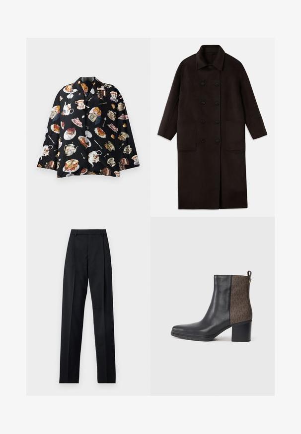 Temno rjav, dolg volnen plašč z dvojnimi gumbi, širokim ovratnikom, dolgimi rokavi in dvema velikima sprednjima žepoma.; Črna srajca z ponavljajočim se vzorcem čajnikov, tort in slaščic. Material izgleda mehak in gladek, z kratkimi rokavi in gumbi.; Črne hlače iz gladkega materiala, ki imajo visok pas, široke noge, sprednje nabore in klasične zanke za pas. Nevidni stranski žepi.; Črne usnjene gležnjarje z teksturiranim rjavim vzorcem na strani, bloku za pete in zanko za enostavno obuvanje.