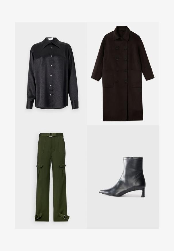 Mørkebrun, lang uldfrakke med dobbeltknapper, bred krave, lange ærmer og to store frontlommer.; Sort langærmet skjorte med krave, der har en krøllet tekstur, fuld knaplukning foran og manchetter. Lavet af et glat stof.; Grønne cargo-bukser lavet af slidstærkt stof. Funktionen inkluderer en bæltestrop i taljen, flere store lommer og spænder ved anklerne.; Sort læder ankelstøvle med spids tå og et strømlinet design. Har en lav hæl og en lynlås lukning bagpå. Glat tekstur.